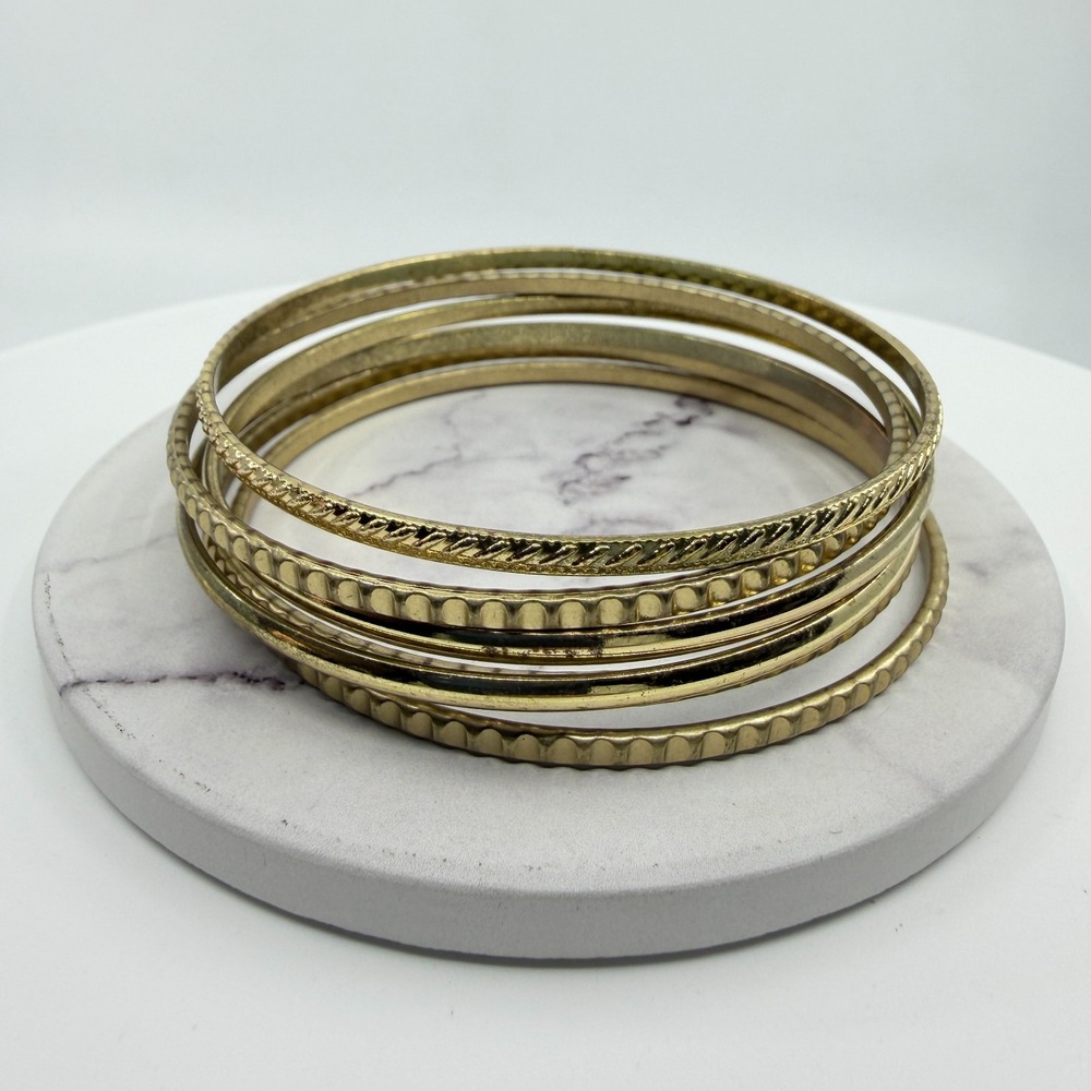 Gold Tone Stacking Bangle Set Textured Bracelet Bundle Boho Layering Jewelry